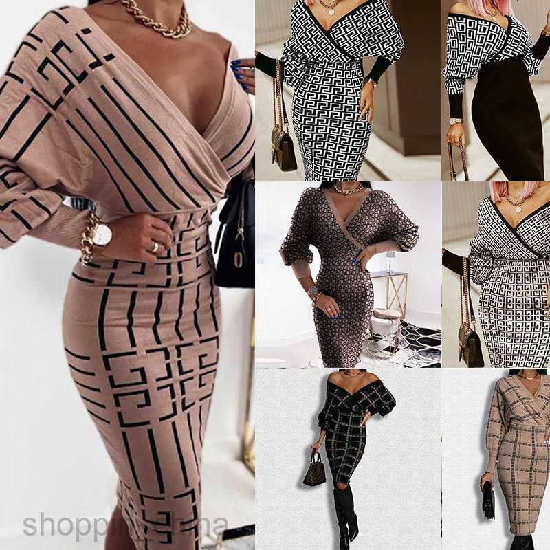 Basic Casual Dresses Women fashion Dress Summer Long sleeved Women's V-neck Wrap Hip Stripe Dress 661