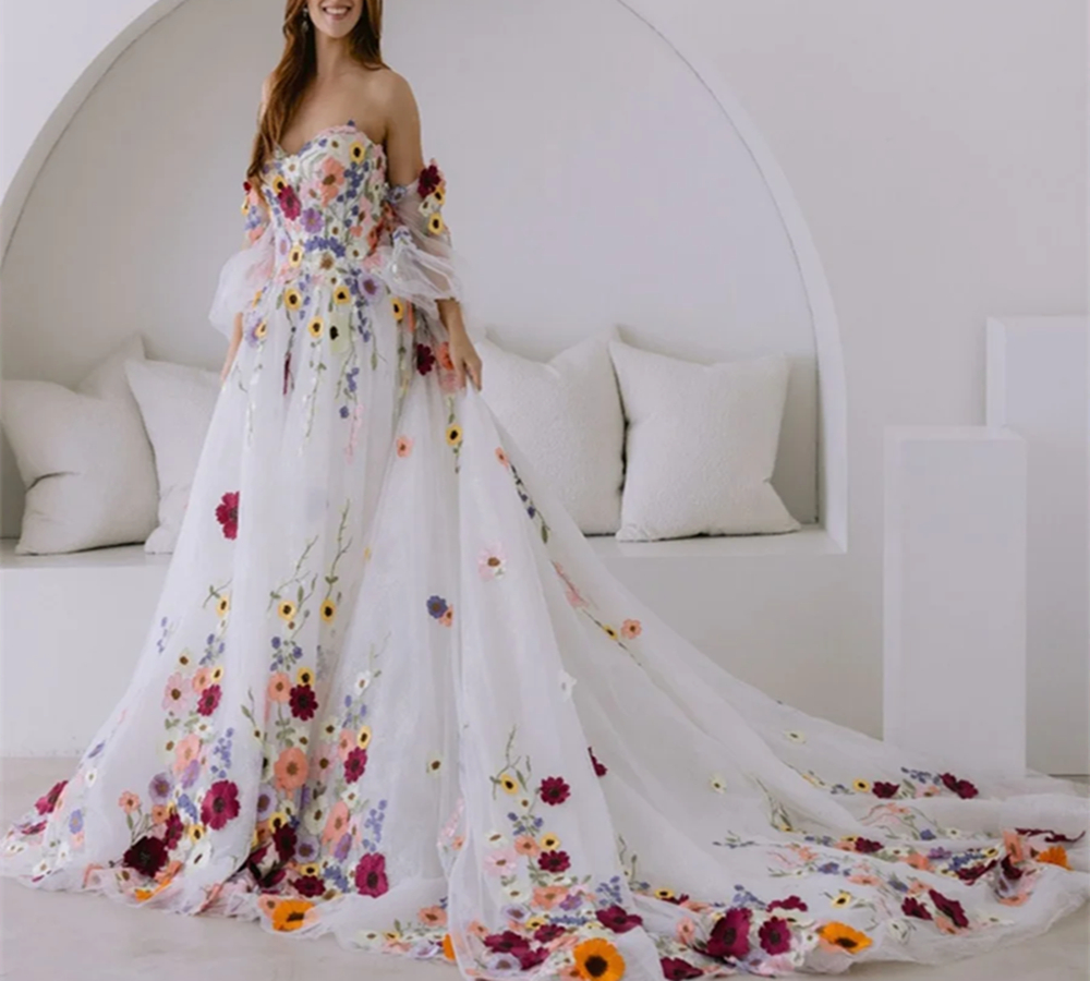Colorful Sy Wer Wedding Dresses Boho Fairytale A E D Ral Appliques Rustic Country Bridal Gowns Detachable Sleeves Ivory Tulle Bride Dress