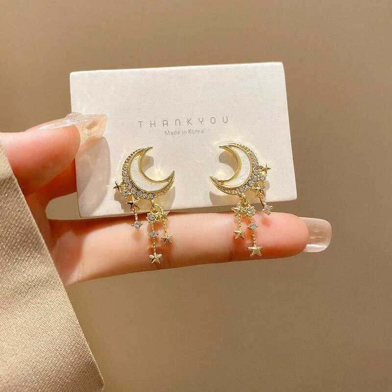 Dangle Chandelier Korean Fashion Moon Earrings for Women Classic Zircon Tassel Star Drop Dangle Stud Earring Party Jewelry Gift Pendientes Mujer