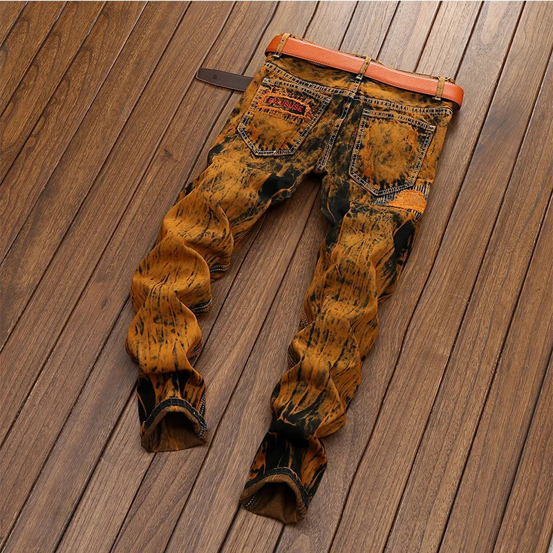 Hiphop High Street Motorcycle Retro Trendy Jeans for Men Personalized Distressed Mens Ripped Straight Jeans Orange Pants 240618
