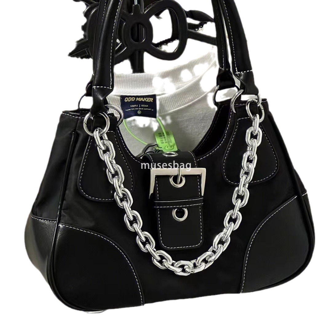 High end vintage bag sweet and cool underarm bag patent leather canvas bag metal chain spicy girl bag women's one shoulder crossbody bag