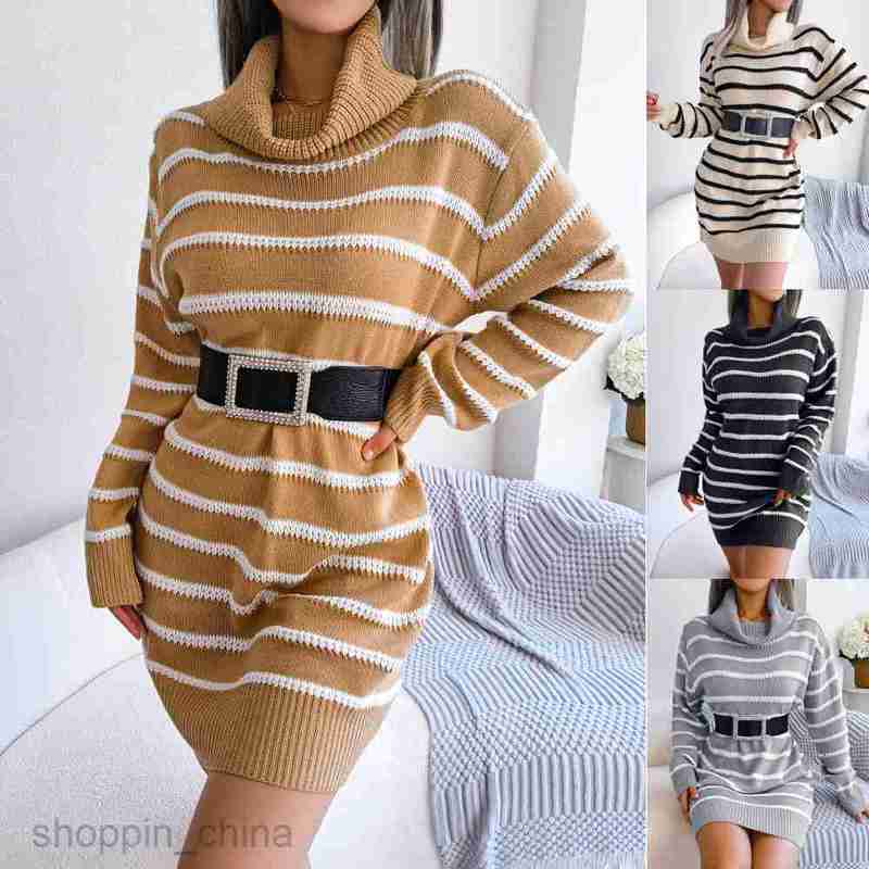 Women Casual Dresses fashion dress Autumn and winter casual high collar striped long sleeve bottomed wool dress for women