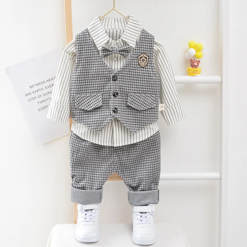 Spring Autumn Baby Boys Clothes Suit Children Casual Vest Shirt Pants 3PcsSets Toddler Gentleman Costume Kids Tracksuits 240618