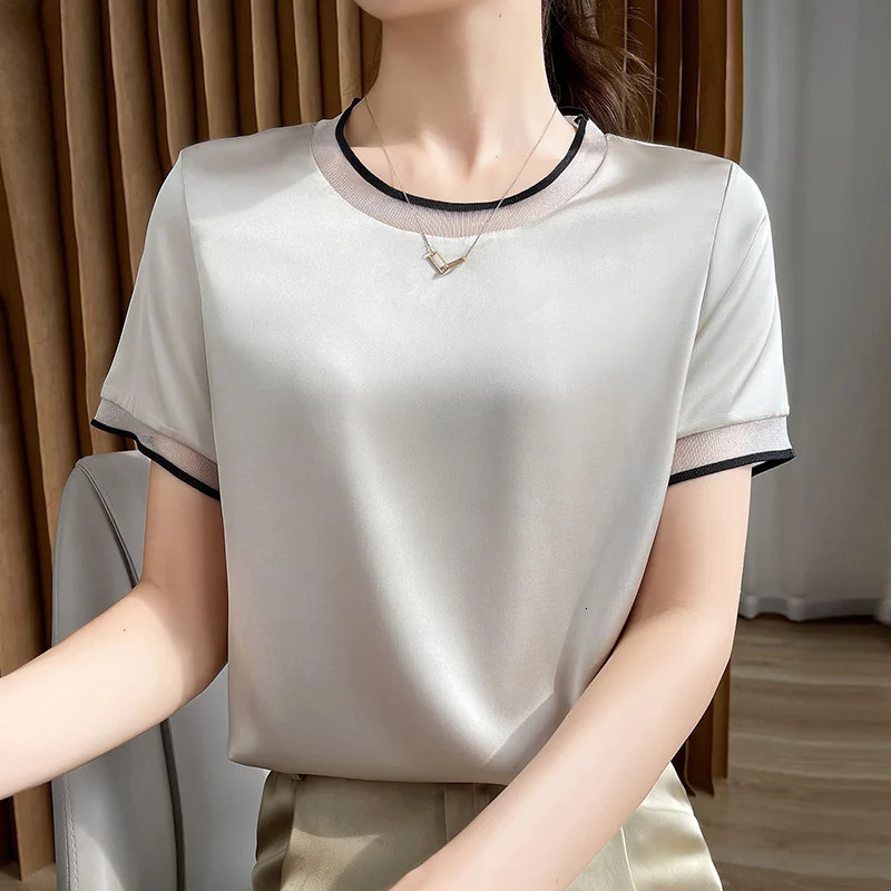 Acetic Satin Short Sleeve Tshirt Womens Mesh Vneck Summer Loose Contrast Silk Half Top 240617
