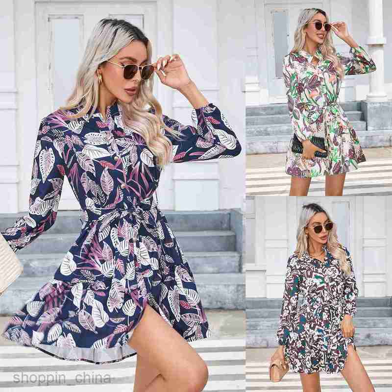 Basic Casual Dresses Women Dress Women's Autumn/Winter Printed Button Long sleeved Dress