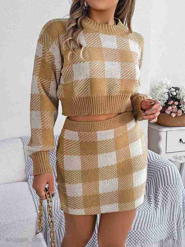 women Two Piece Dress Sets Autumn and winter casual contrasting plaid long sleeved exposed navel sweater with buttocks wrapped skirt set for women