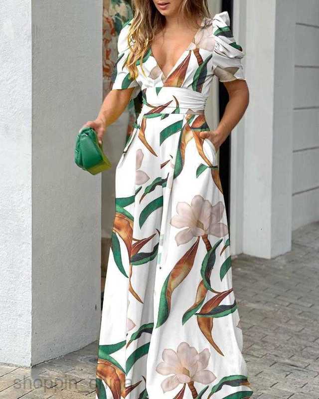 Basic Casual Dresses Women Dress Women's printed V-neck waistband long pants short sleeved jumpsuit
