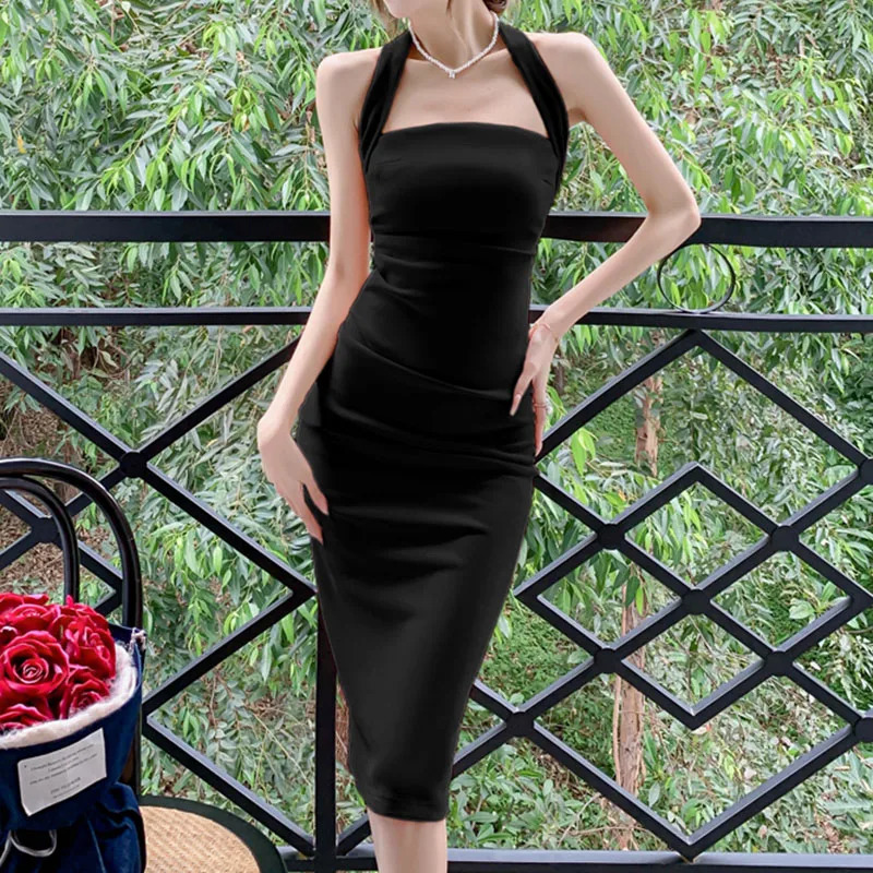 Women Evening Banquet Sexy Halter Dress Lady Holiday Bodycon Backless Dresses Female Concise Colorful Birthday Ruched 240627
