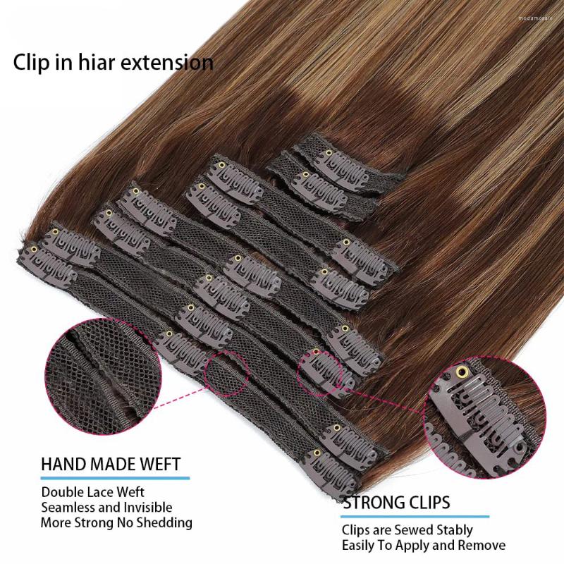Straight Clip In Hair Extensions Human P4/27 Hairstyle Hairpiece Full Head Ins Natural With 18 Clips