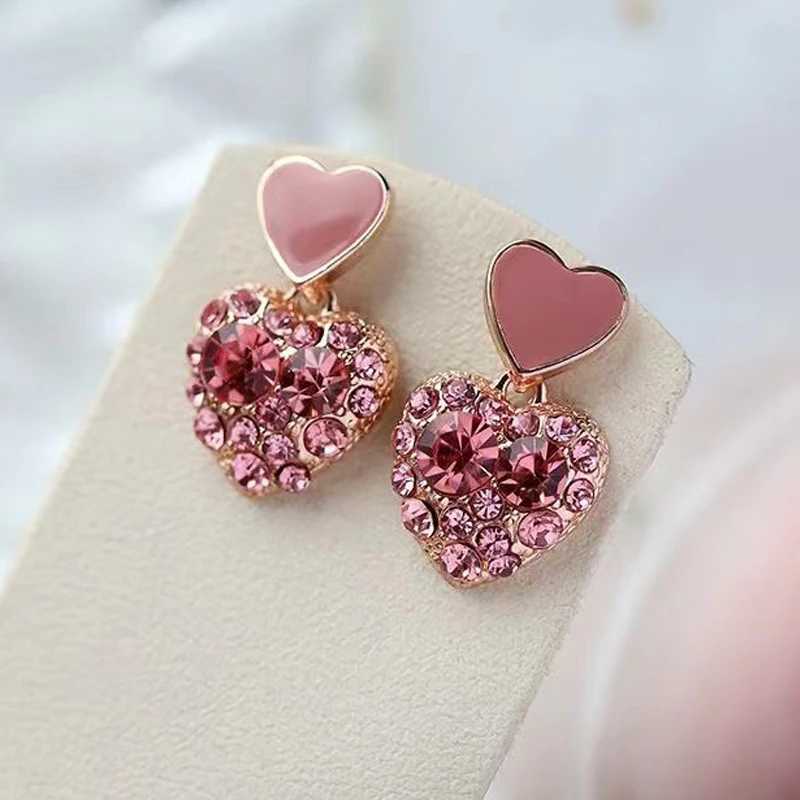 Charm Pink Enamel Oil Crystal Rhinestones Heart Drop Earrings for Women New Fashion Cute Sweet Love Party Girls Gift Jewelry pendiente