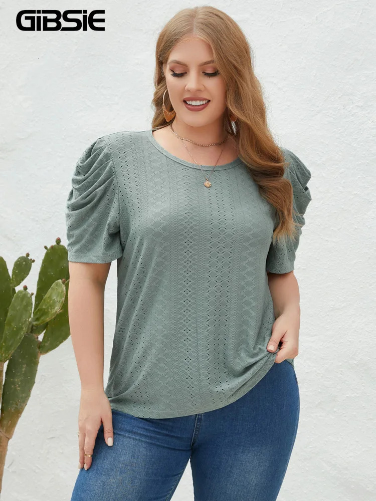 GIBSIE Plus Size Solid ONeck Leg of Mutton Sleeve Blouse Women Fashion Summer Office Casual Womens Blouses Tops 240617