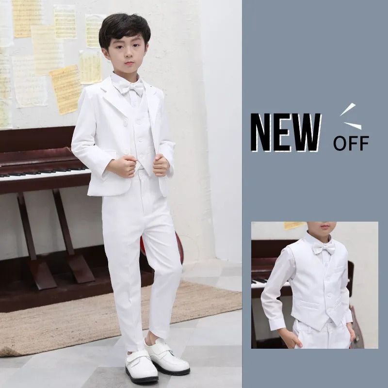 Boys White Baptism Blazer Clothing Set Flower Boys Performance Wedding Dress Prom Pography Suit Teens Children Vest Costume 240626
