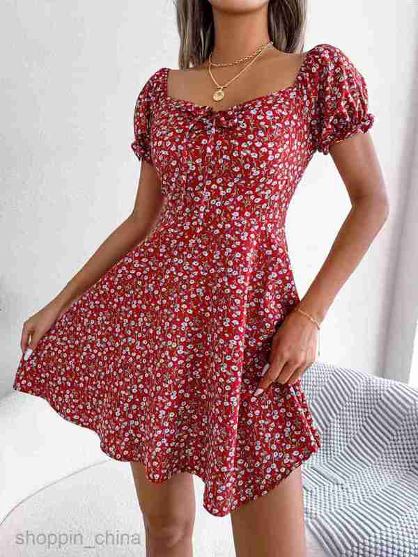 Women Casual Dresses fashion dress style spring and summer leisure horn sleeve drawstring lace up floral big swing dress women
