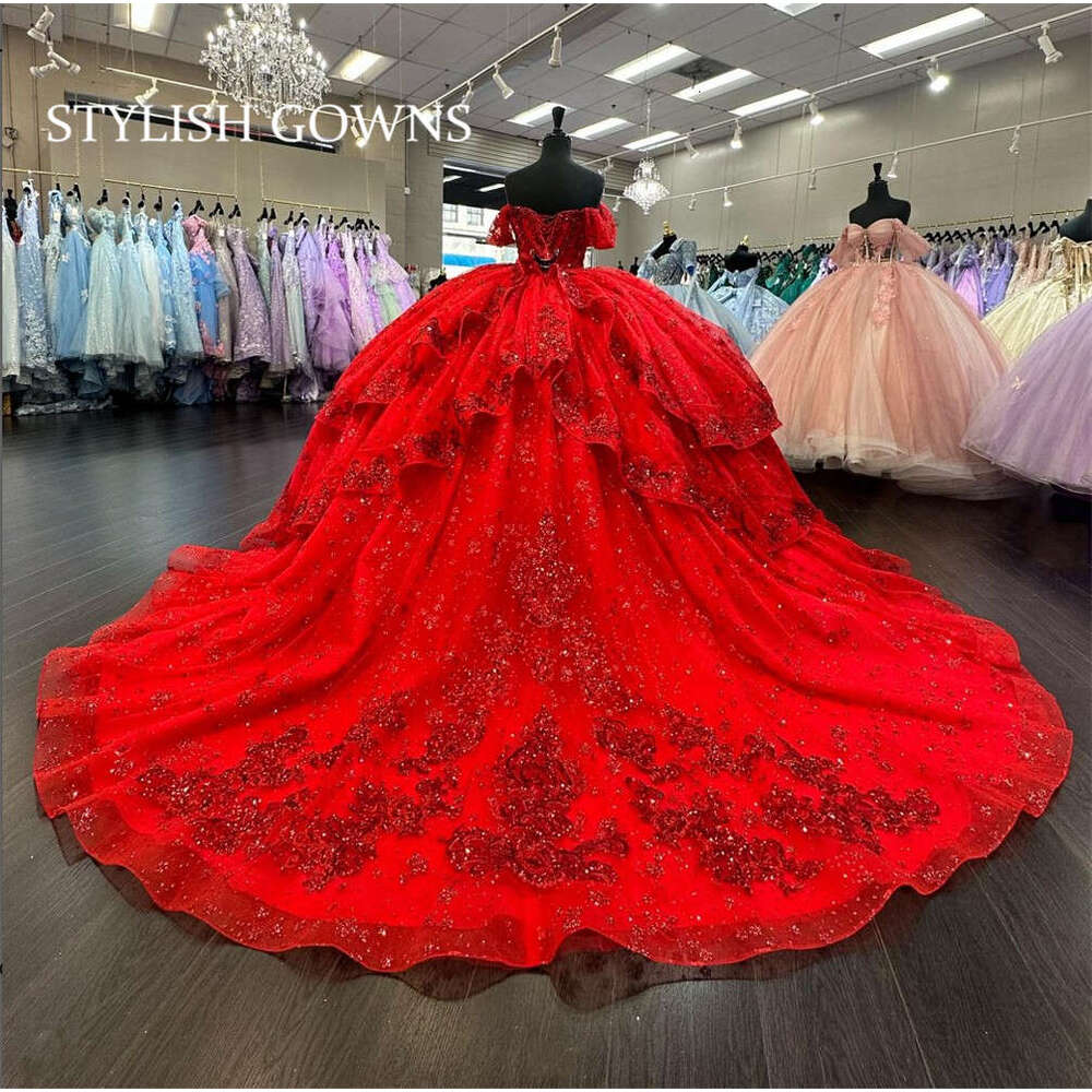 Mexico Red Off The Shoulder Quinceanera Dress Beaded Appliques Tiered Princess Ball Gown For Sweet 16 Birthday Party Robe De Bal 0627