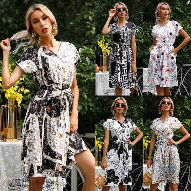 Basic Casual Dresses Women Dress Women's Summer Print Lace Up Waist Short Sleeve Dress