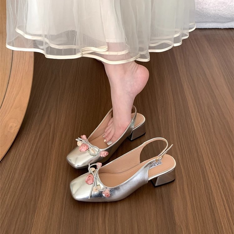 French Block Heel Mary Jane Single Shoes Women's Spring/Summer Flower Backspace Sandals 772