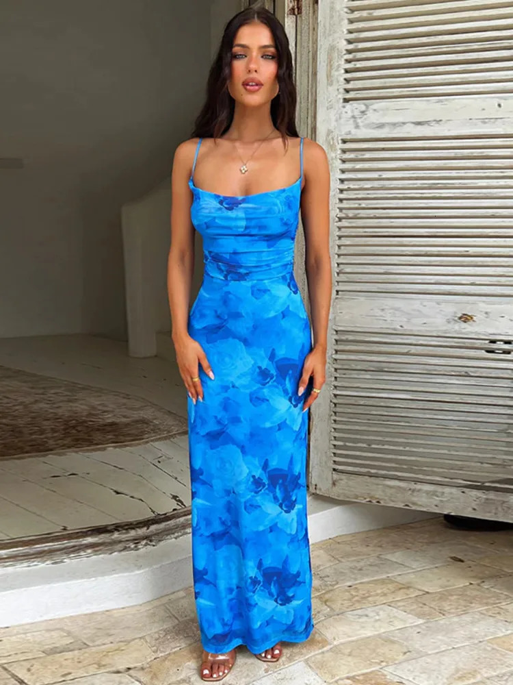 Mozision Spaghetti Strap Print Maxi Dress For Women Gown Summer Sleeveless Backless Bodycon Club Party Long Dress Fashion 240627