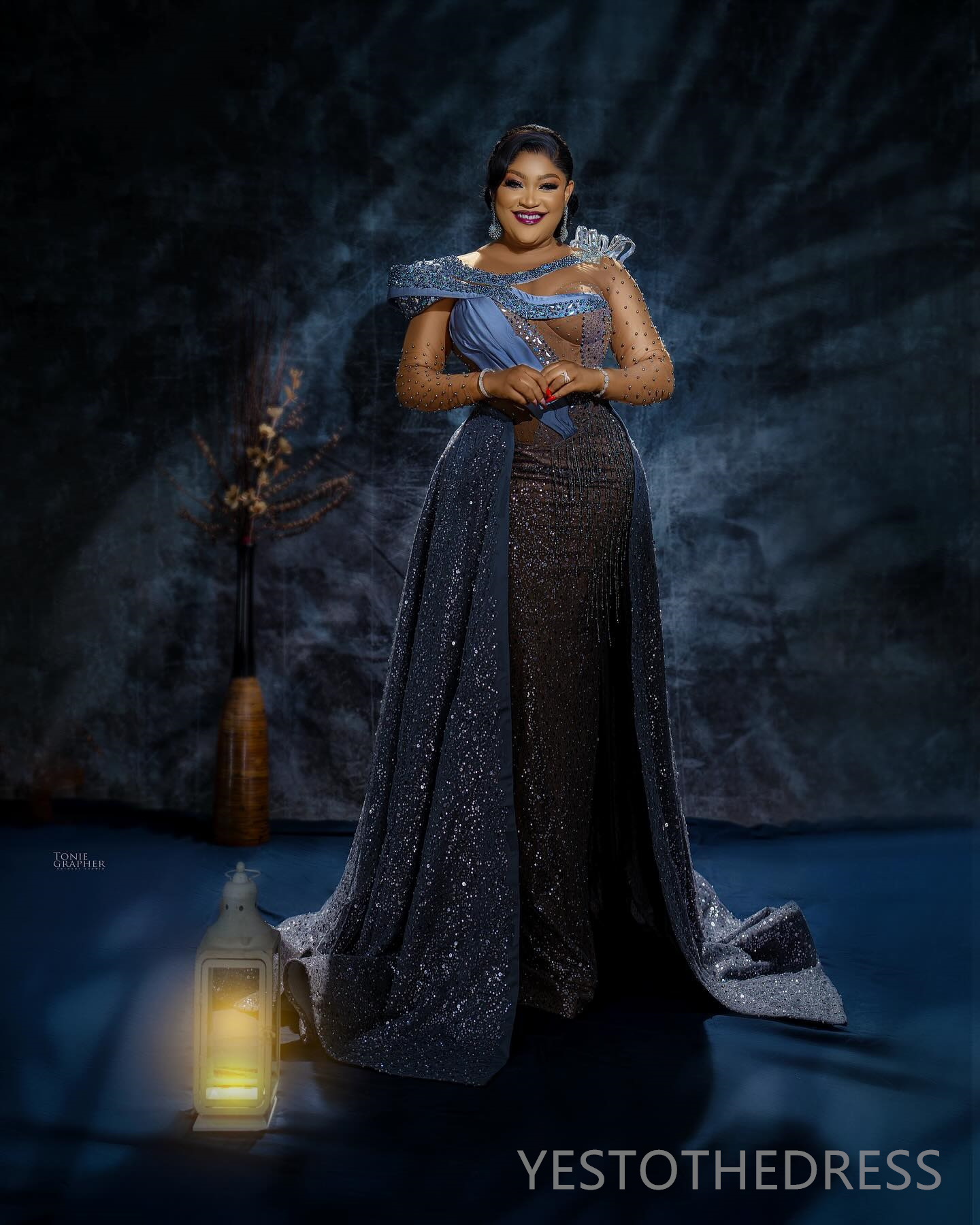 R&W 2024 Plus Size Blue Prom Dress With Detachable Train Mermaid Promdress Evening Formal Long Sleeves Sheer Neck Sequined Lace Beading Reception Gown