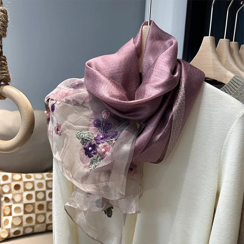 Embroidered Scarf ~ Begonia Embroidery Beads Silk Wool Scarf Womens Spring and Autumn Thin Scarf Gift Scarf 240626
