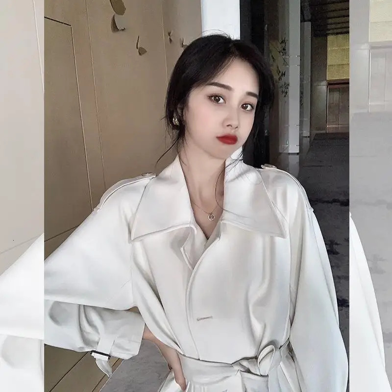 Spinrg Autumn Womens Trench Coat Long Sleeve Vintage Overcoat Lady lapel Sashes Knee Length White Outerwear Windbreaker top 240625