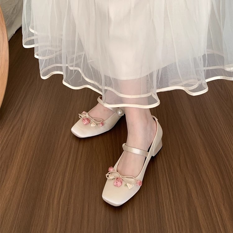 French Block Heel Mary Jane Single Shoes Women's Spring/Summer Flower Backspace Sandals 772