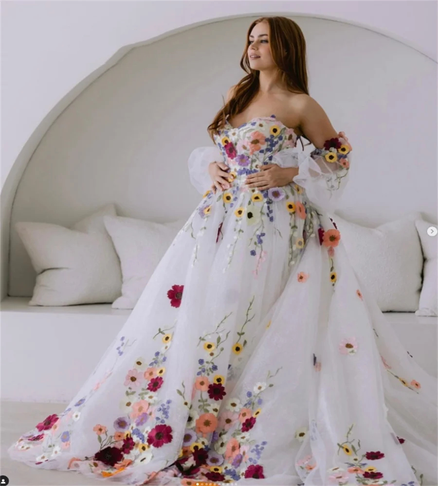 sy Colorful wer Wedding Dresses Boho Fairytale A e 3D ral Appliques Rustic Country Bridal Gowns Detachable Sleeves Ivory Tulle Bride Dress