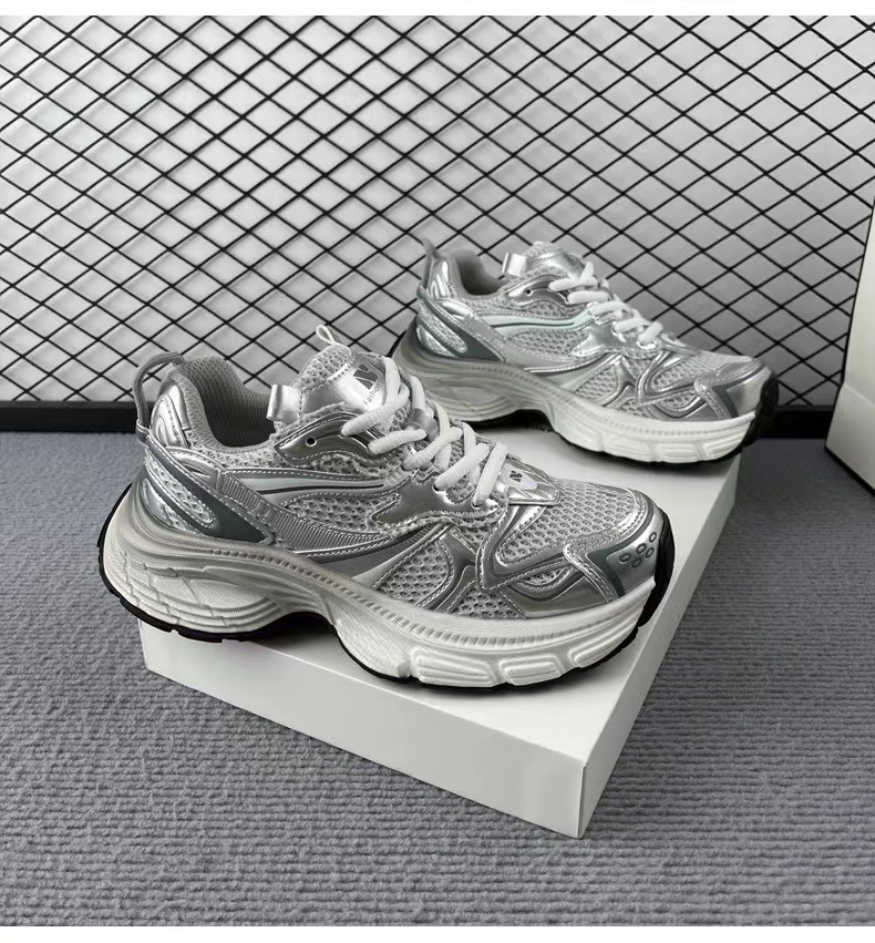 Daddy shoes female ins tide 2024 new spring and summer thick bottom sneakers mesh show feet small shoes silver casual shoes 323