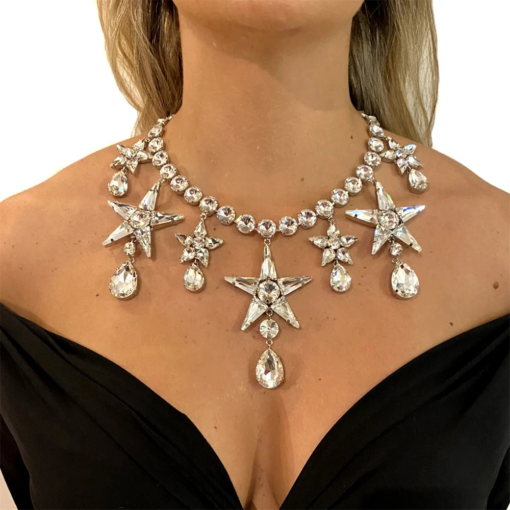 2pc Five pointed Star Crystal Necklace Earrings Pendant Fashion Wedding Party Rhinestone Bridal Accessories Set Jewelry 240627