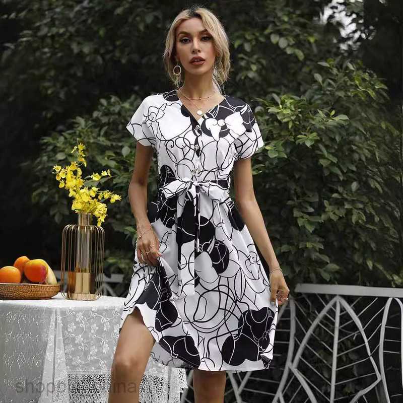 Basic Casual Dresses Women Dress Women's Summer Print Lace Up Waist Short Sleeve Dress