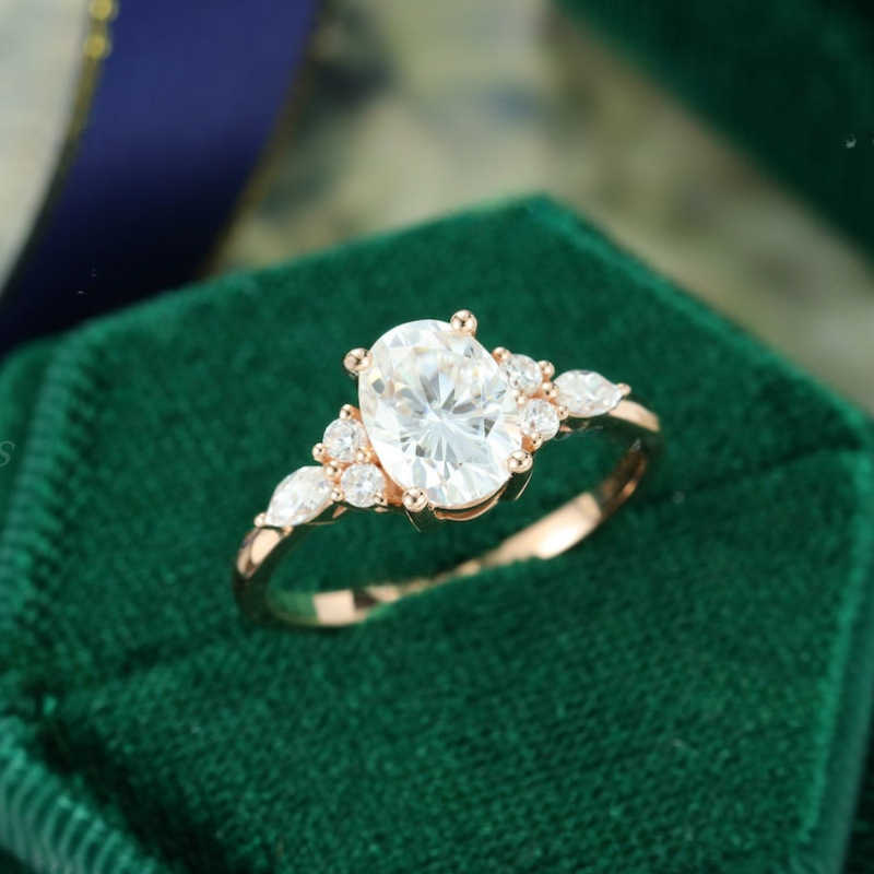 Band Rings Oval Natural Aquamarine Engagement Vintage Unique Marquise cut Cluster Moissanite Ring Solid 14K/10K Rose Gold Wedding GiftL240105