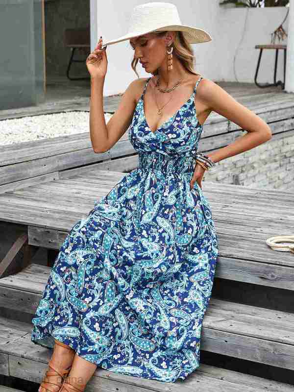 Basic Casual Dresses Women Dress Women's dress summer printed suspender V-neck waistband women's clothing