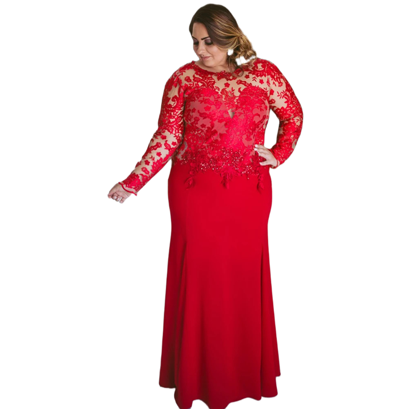 Plus Size Mother Of The Bride Dresses Long Sleeves Lace Appliques Red Wedding Party Dress Floor Length Elegant Groom Mom Formal Outfit