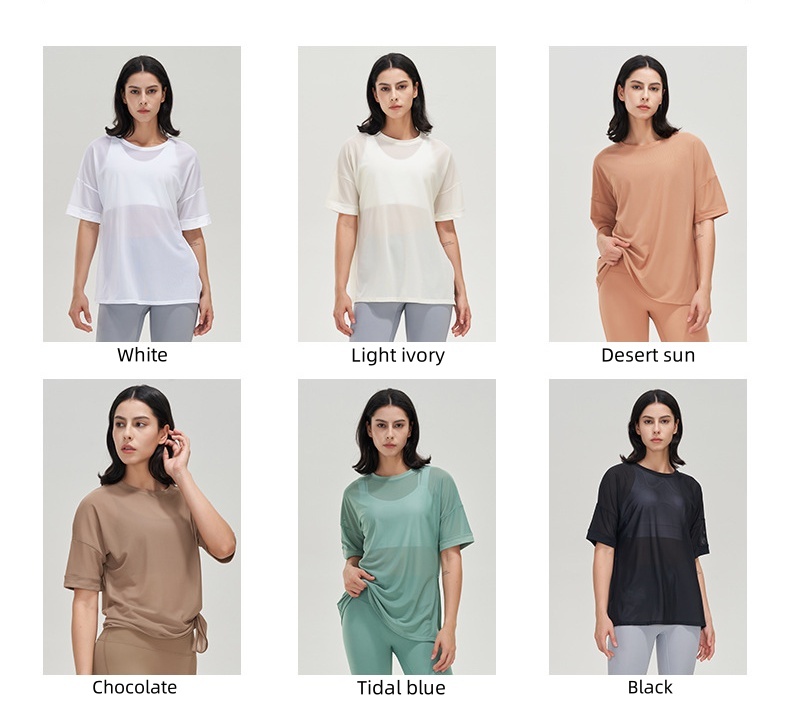 L43 Yoga Womens Mesh Shirt Womens Short Sleeve T Shirt Loose Breathable Sports Fitness DX43