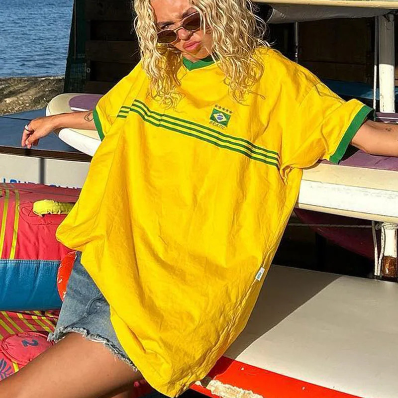 Summer Women Brazil Embroidery Yellow Tshirt Casual Loose Medium And Long Sleeves Y2k Clothing Tops Oversized Beach Tees 240626