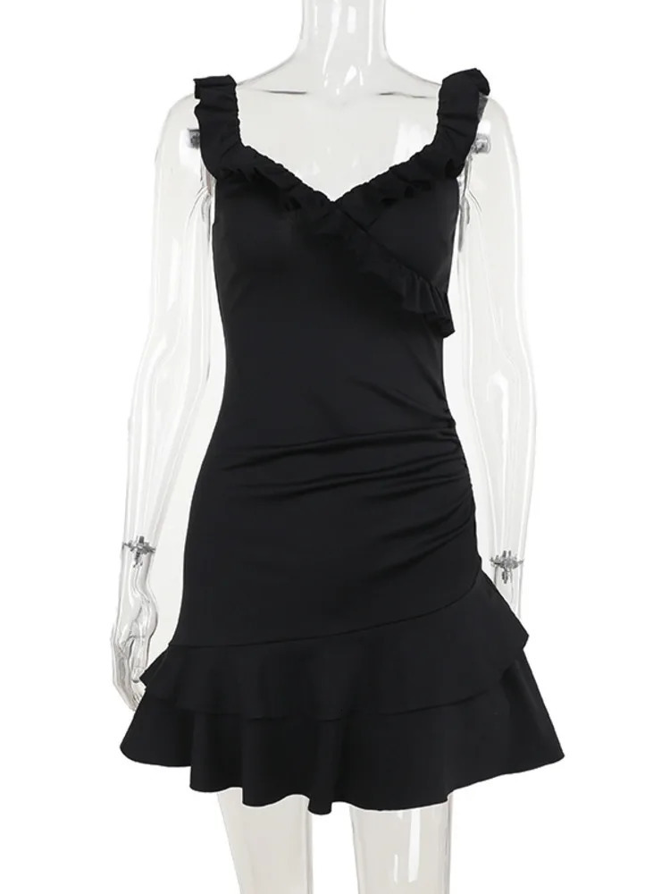 Mozision Elegant Ruffle Mini Dress For Women Summer V Neck Sleeveless Backless Bodycon Club Party Sexy Dress Clothes 240627