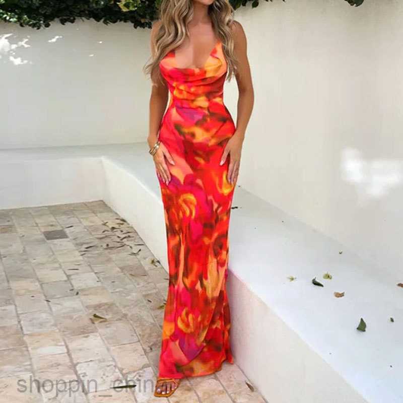 Basic Casual Dresses Women Summer New Women's Fashion Elegant and Fashionable Backless Slim Fit Printed Long Dress