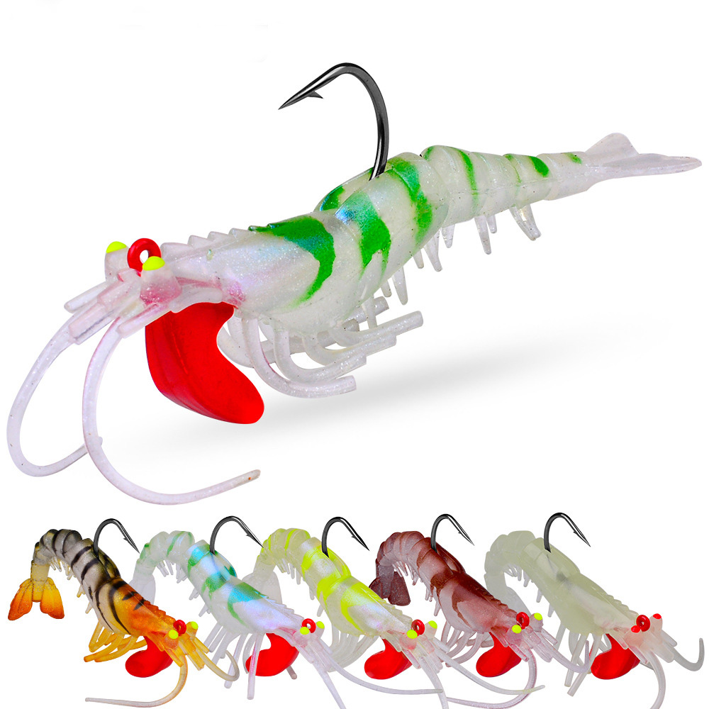 5 Colour 3 Styles Soft Bait glow-in-the-dark Bionic Shrimp Squid Jigs Saltwater Fishing Hook Shrimp Prawn Lures Luminous for Cuttlefish Octopus Fishing Lure Kit