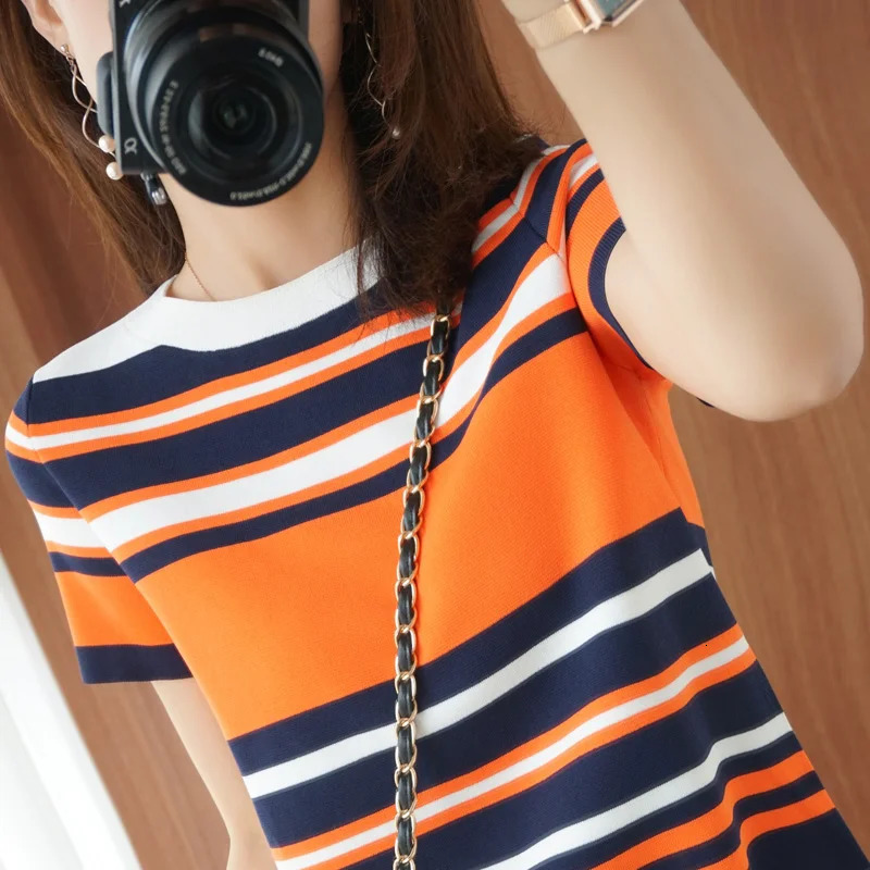 Summer Style Contrast Stripe Short Sleeve Tshirt Womens Round Neck Cotton Hemp Loose Thin Pure Outer Wear 240626Z