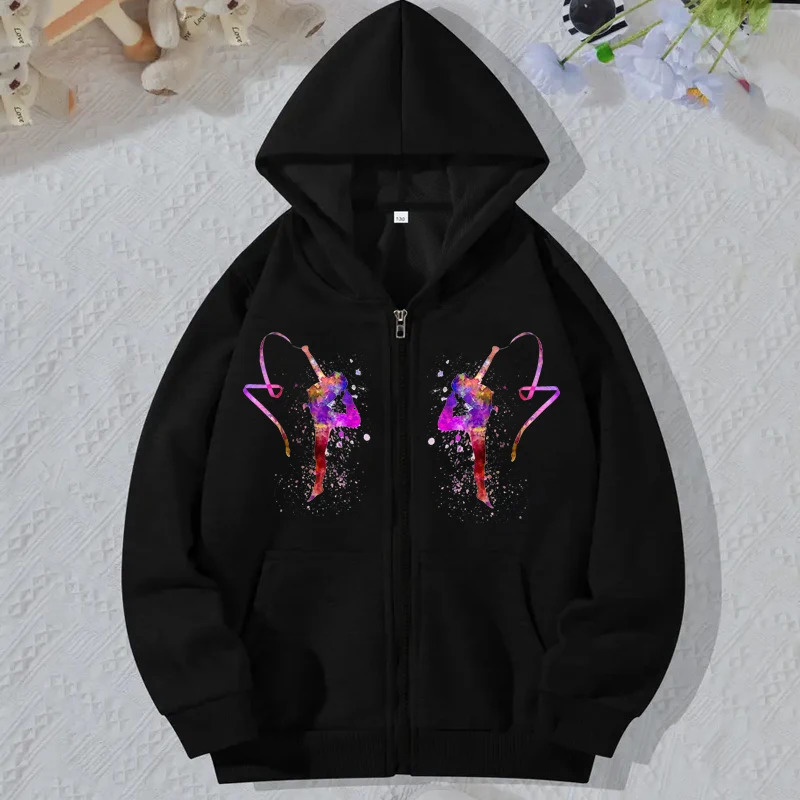 Black Zip Up Hoodie Long Sleeve Korean Hooded Sweatshirt for Women Watercolor Gymnastics Print Harajuku Sudaderas Mujer 240627