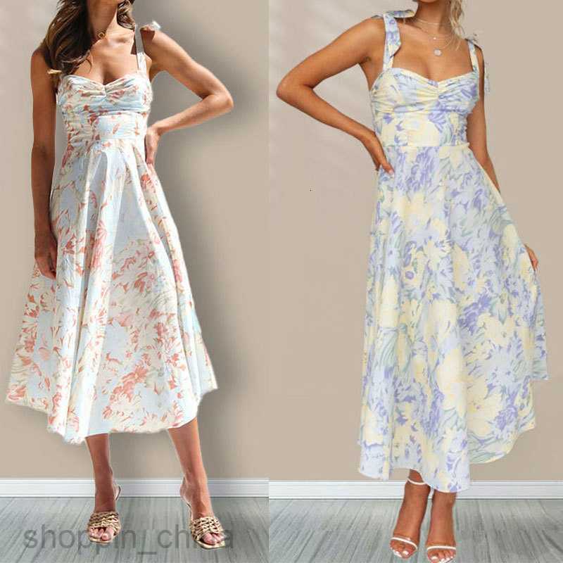 Basic Casual Dresses Women Summer Women's Slim Fit Slim Waist V-neck Hanging Strap Printed Mid length Dress for Woman