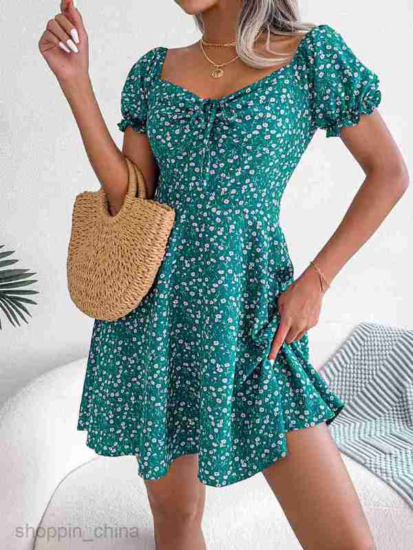 Women Casual Dresses fashion dress style spring and summer leisure horn sleeve drawstring lace up floral big swing dress women