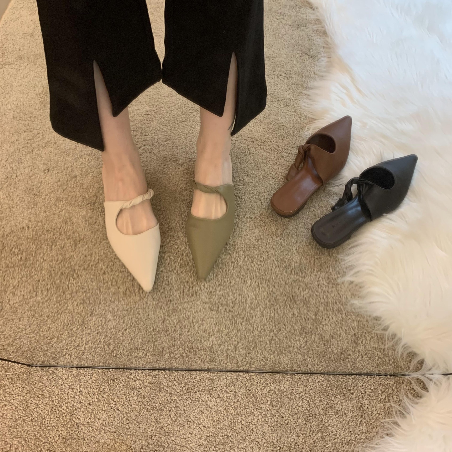2024 spring new niche design soft-soled semi-toe low-heeled slippers for women to wear French temperament versatile shoes White