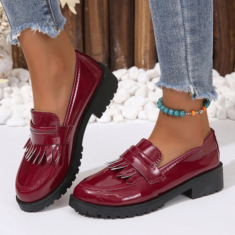 Black Patent Leather Platform Loafers Women Fashion Tassels Shallow Flats shoes Woman British Style Middle Heels Office Shoes 42 240627