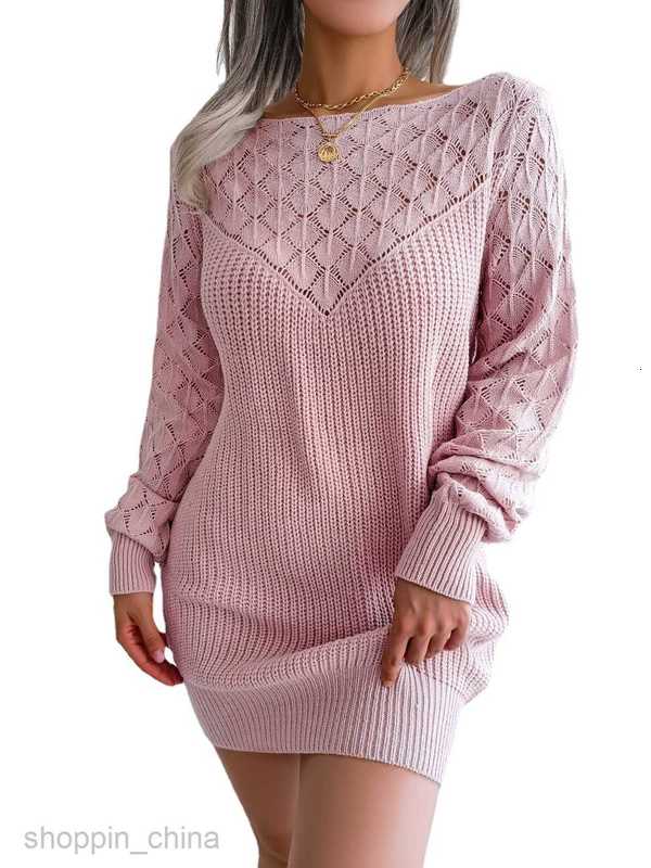 Women Casual Dresses fashion dress style autumn and winter fashion hollow out line neck long sleeve Pullover wool dress