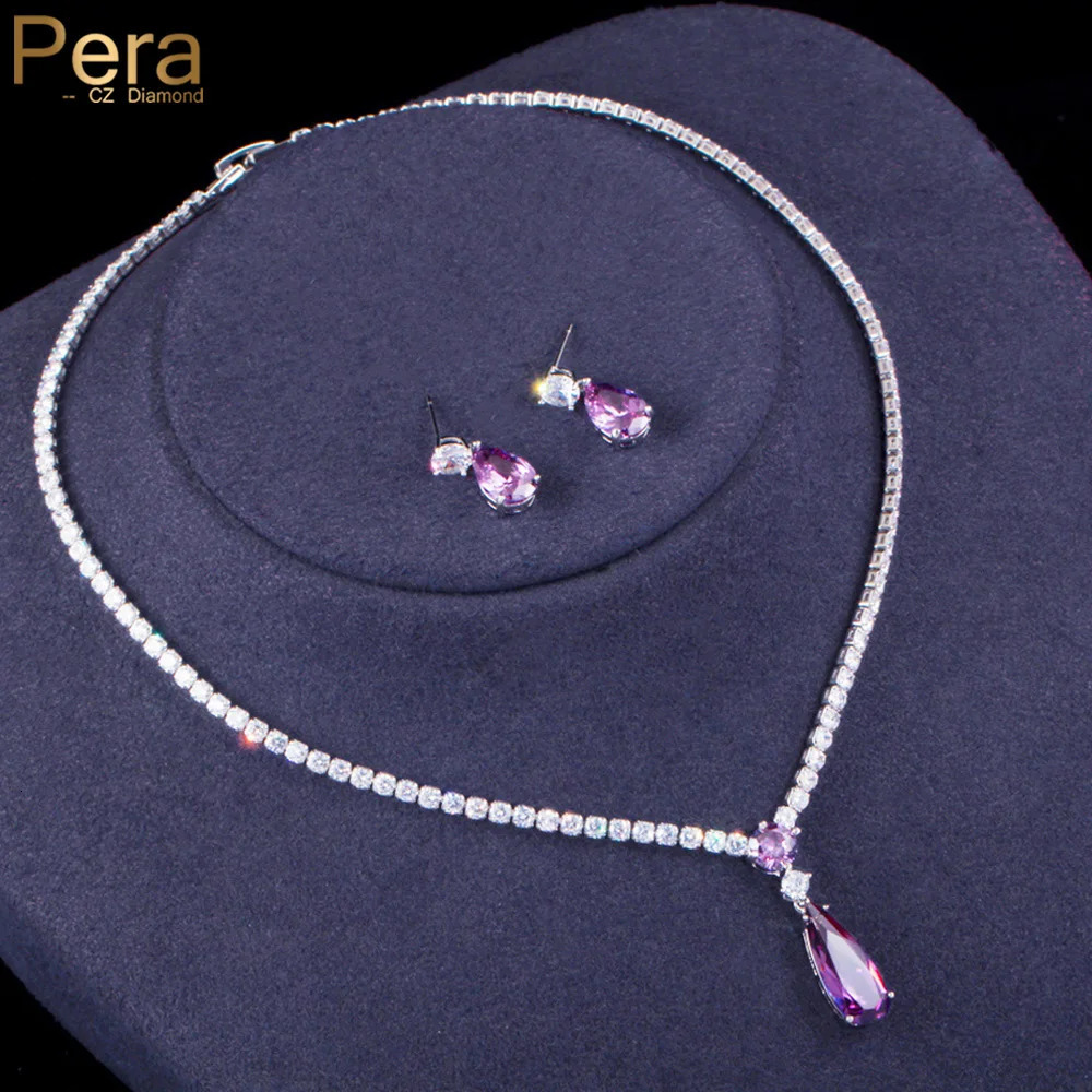 Pera Trendy Mystic Purple CZ Crystal Water Drop Pendant Necklace and Earrings Bridal Wedding Jewelry Sets for Brides Party J429 240627