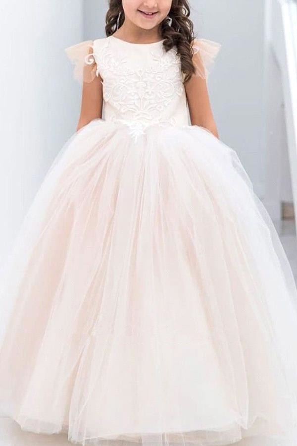 Cute Flare Sleeves Tulle Wer Girl Dresses Lace Applique A E Birthday Wedding Party Dress With Bow Tie Mc2225 0218