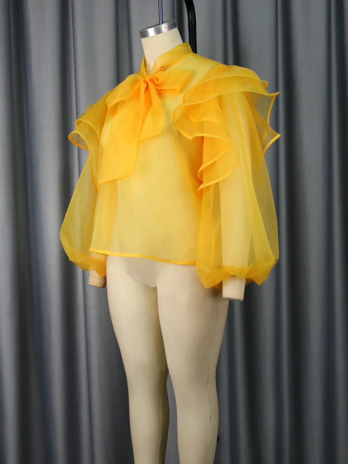 Trendy Yellow Blouse For Women Sheer Tulle Top See Through Bowtie Ruffles Trim Shirt Fashion Office Work Club Plus Size 4XL 240617