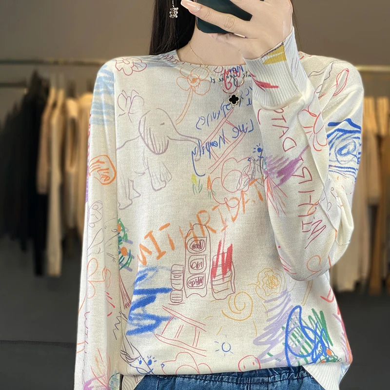 Spring and Autumn Womens Round Neck Thin Sweater Fashion Tshirt Top Worsted Wool Printed Long Sleeve Knitted Bottom Shirt 240626