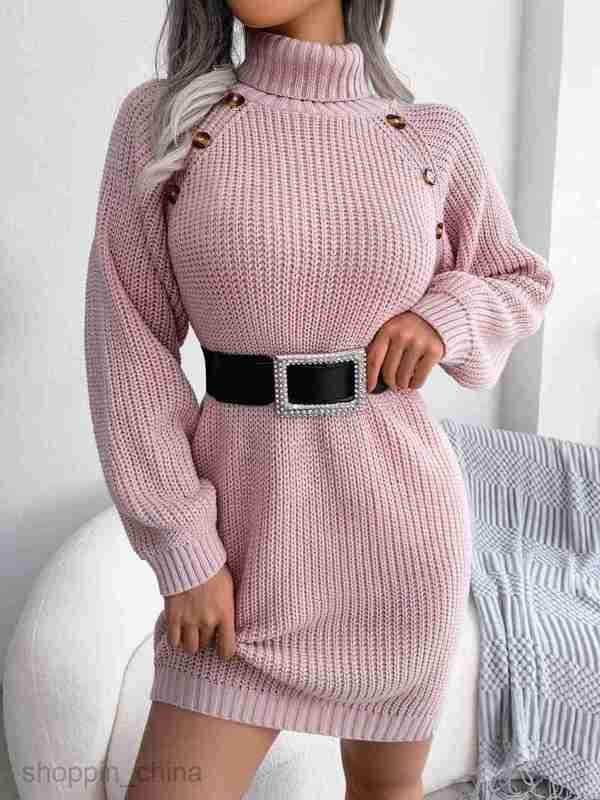 Women Casual Dresses fashion dress Autumn and winter casual button high neck long sleeve bottomed wool dress women's wear