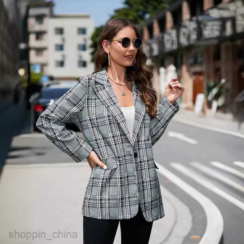 fashion Women Jackets Coats Women's autumn and winter plaid lapel medium long suit coat